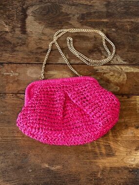 Pink Straw Clutch Crossbody Bag with Gold Chain